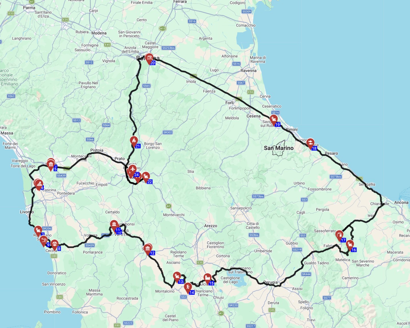 Map for טיול קרוואנים באיטליה תכנון מסלול 8 ימים מפירנצה כולל חניוני מוטורהום וטיפים ל-ZTL